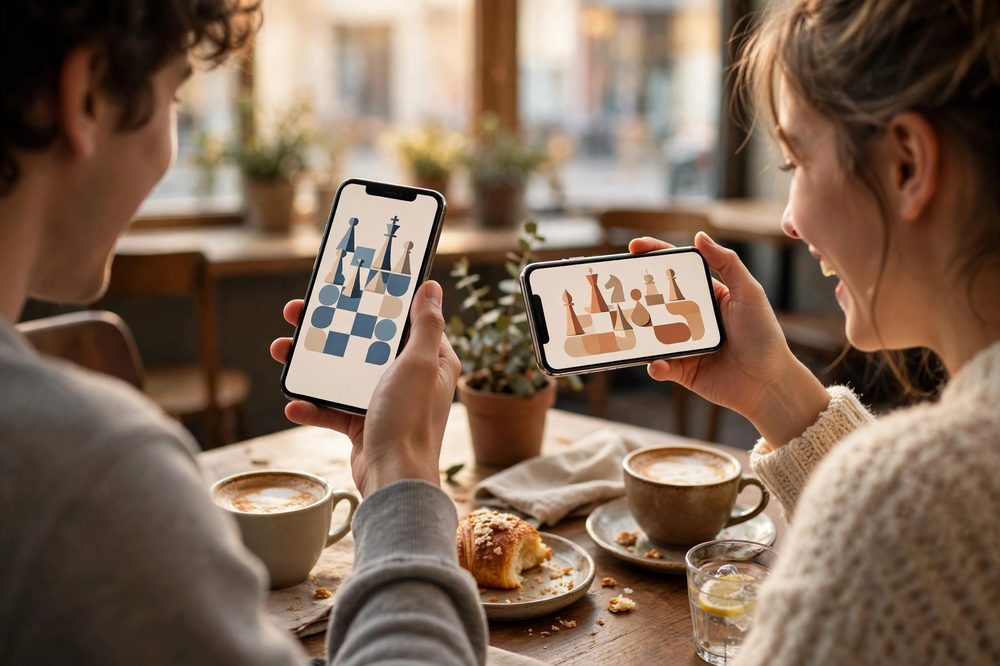 Two friends at a cafe table playing a chess game against each other on their phones