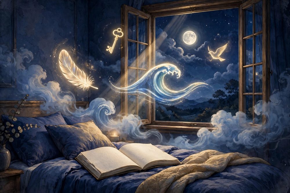 Glowing dream symbols — a feather, a key, a wave, a bird — floating above an open dream journal by a moonlit window