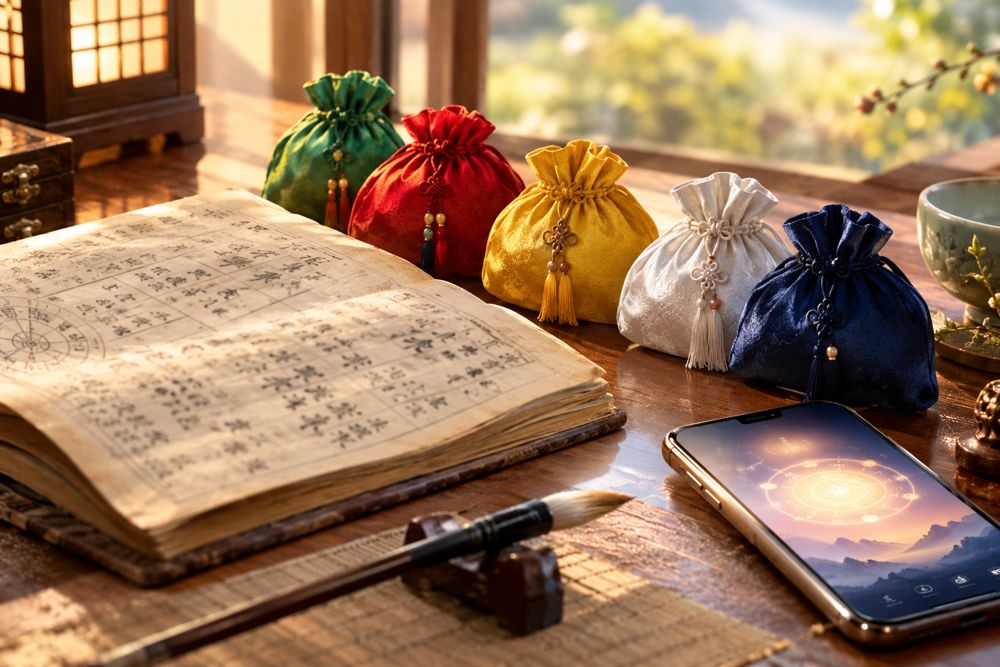 A Korean fortune-telling desk with an open almanac, five colored silk pouches and a phone showing a fortune chart