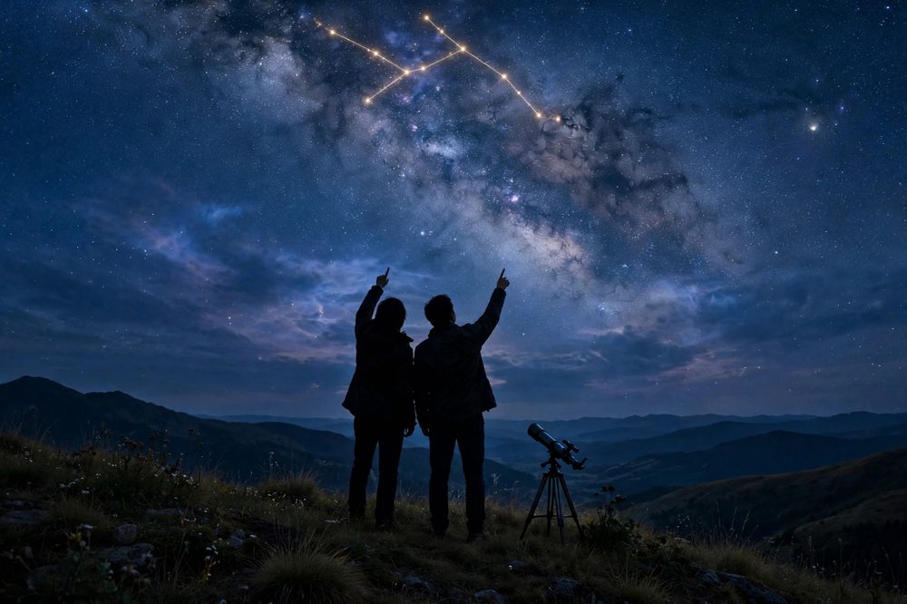 Silhouettes on a hilltop pointing up at a constellation traced in gold in a starry night sky