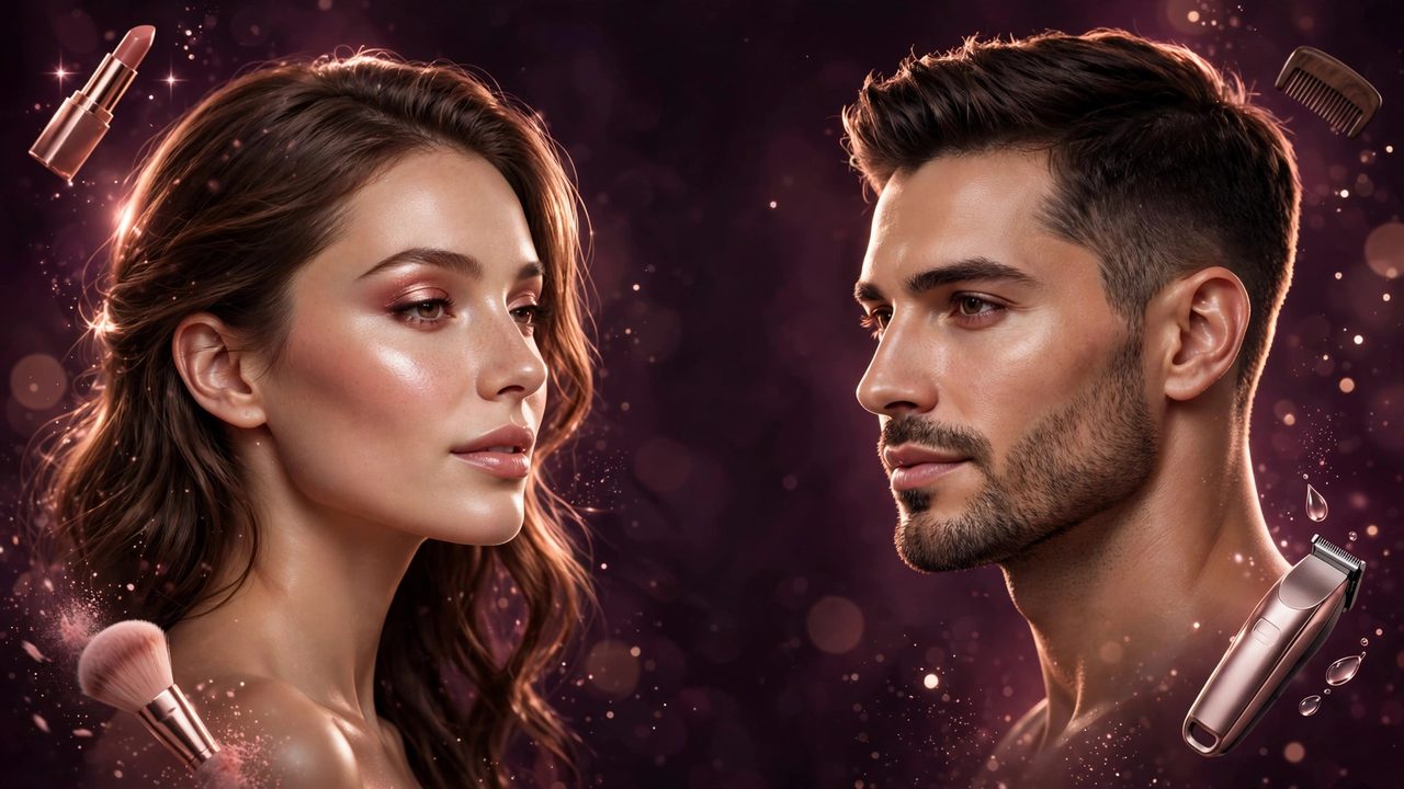 A woman with glam makeup and a well-groomed man against a dark plum background with rose-gold makeup and grooming items