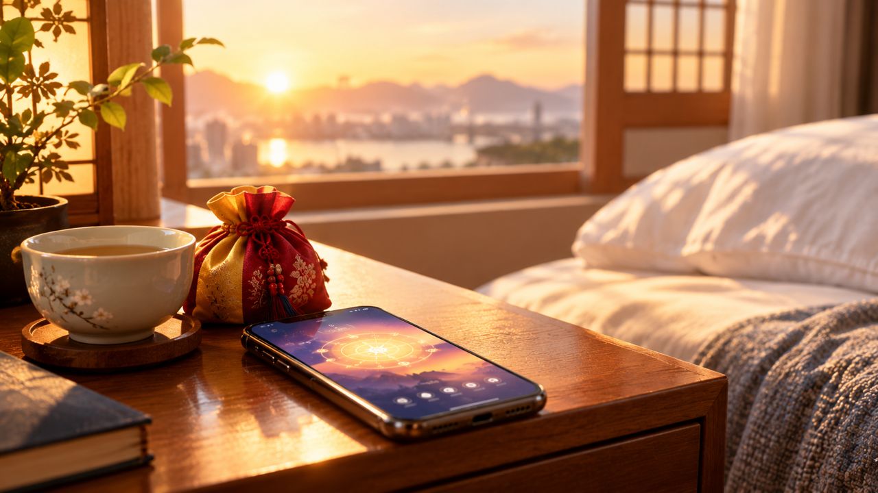 A phone glowing with the morning fortune on a bedside table at sunrise, next to tea and a Korean lucky pouch