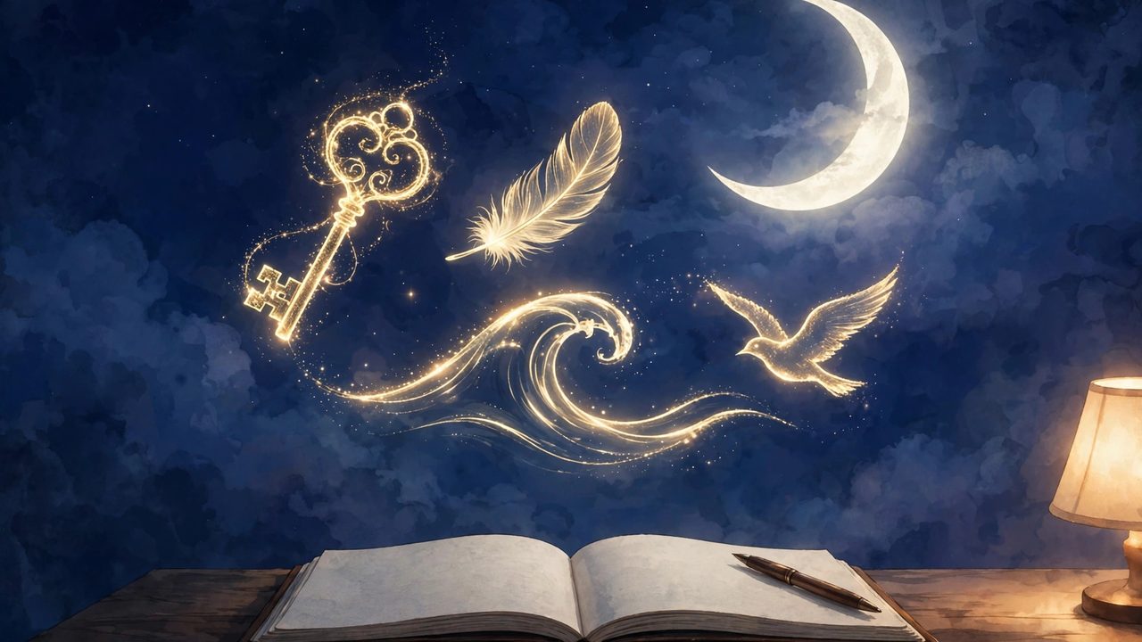 A glowing crescent moon and golden dream symbols floating above an open dream journal on a bedside table