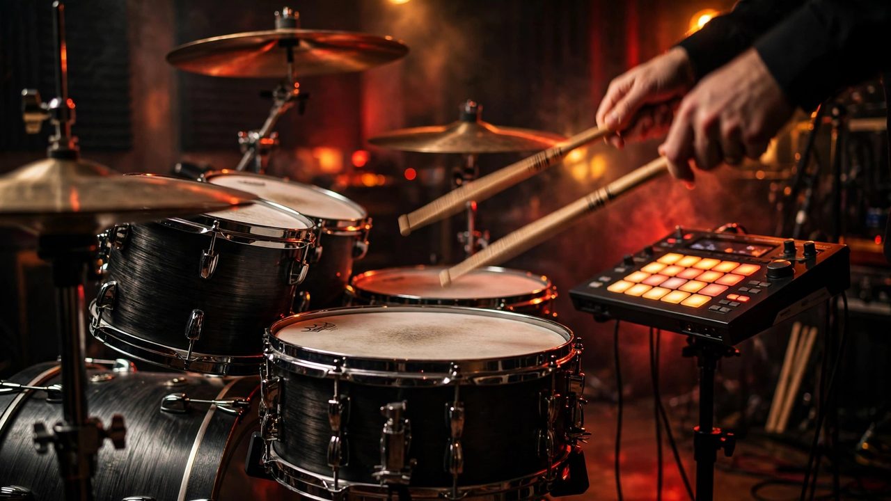 A full drum kit under warm stage light with drumsticks above the snare and glowing MPC pads beside it