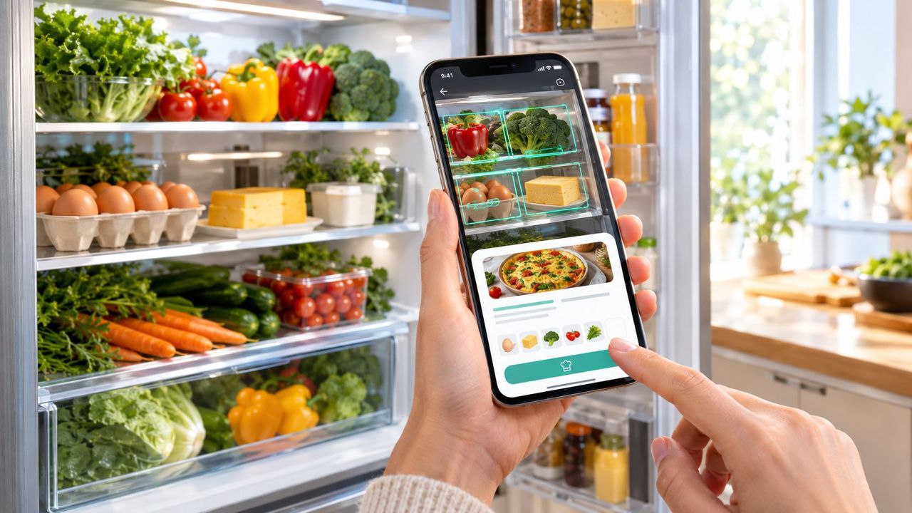 A hand holding a phone that scans an open fridge with FridgeChef