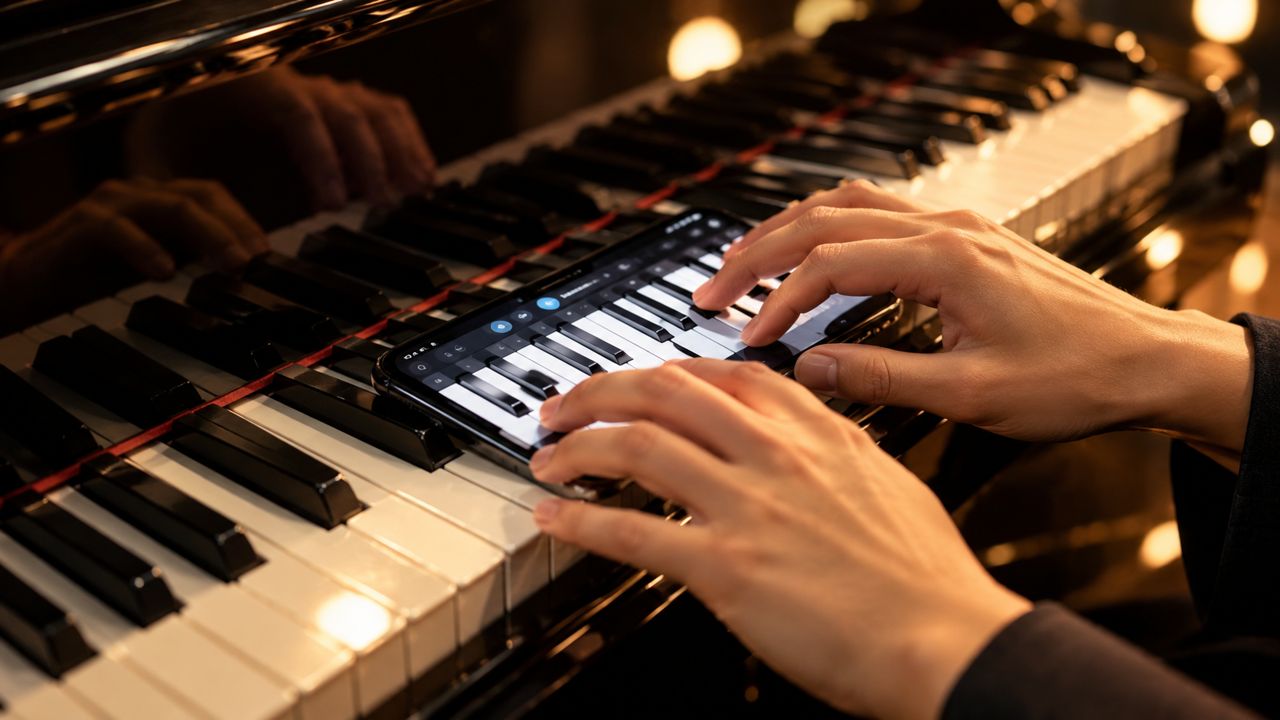 Hands playing the Piano app on a phone on grand piano keys