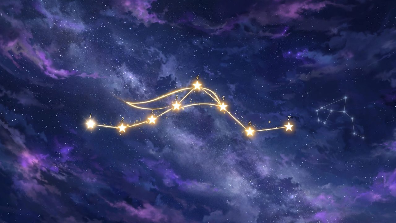 A glowing golden line connecting numbered stars into a constellation in a deep blue night sky